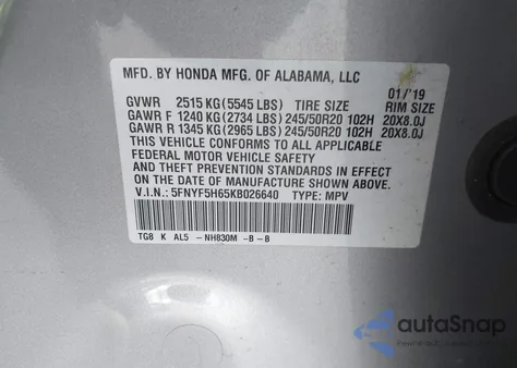 2019 Honda Pilot Touring from USA, damaged, VIN 5FNYF5H65KB026640